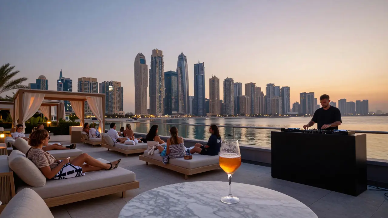 Rooftop lounge with cozy cabanas, city lights, and guests enjoying cocktails at dusk.