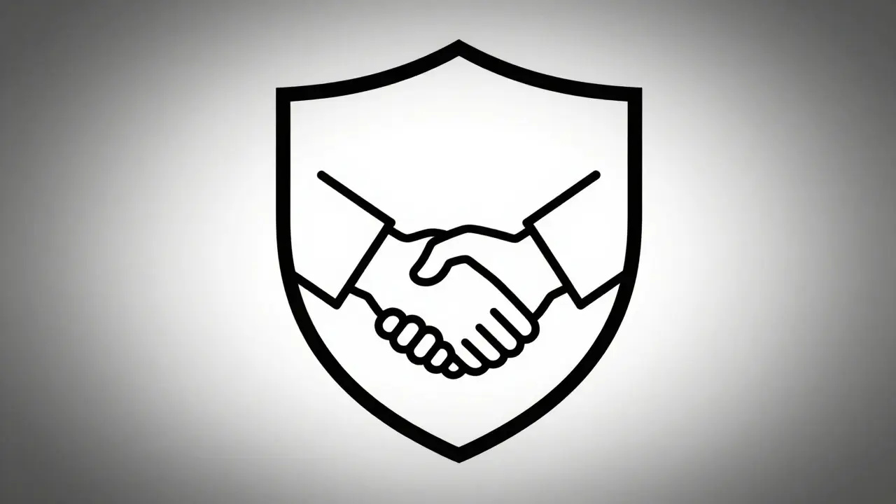 Shield protecting handshake symbolizing safe transaction