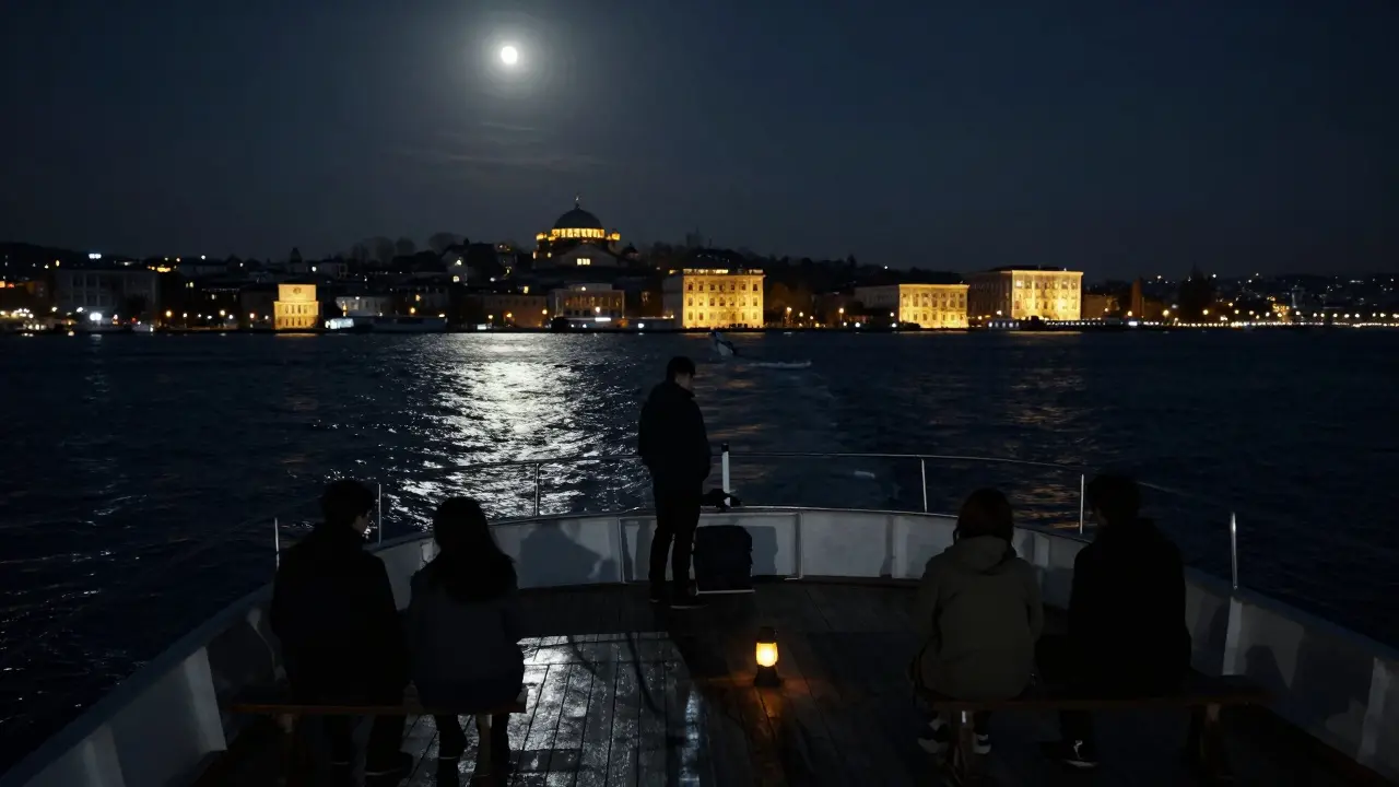 Silent midnight ferry crossing the Bosphorus, passengers silhouetted against glowing palaces and moonlit water.