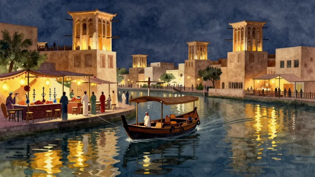 Traditional abra boat on Dubai Creek with lantern-lit cafes and spices