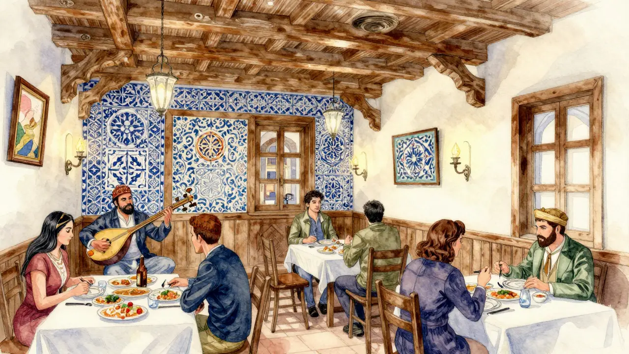 Traditional Turkish restaurant with musicians playing saz and ney in Kadıköy.