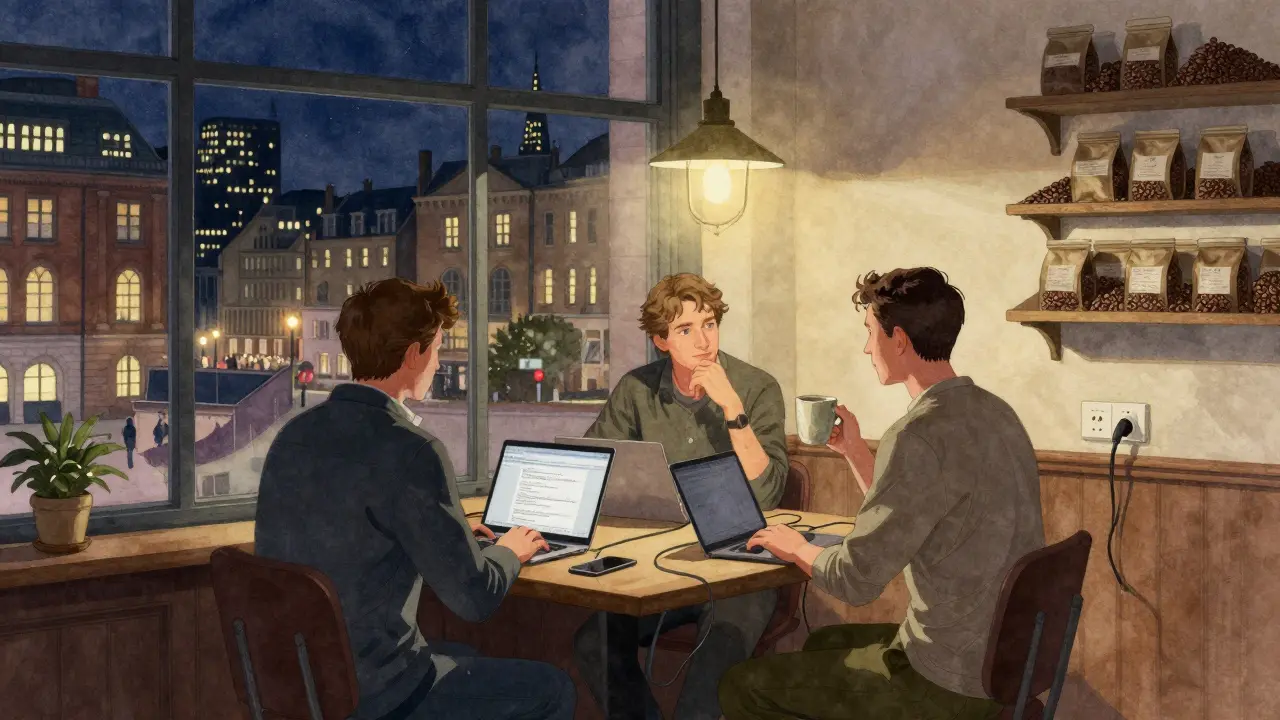 Two developers collaborating quietly at a coffee shop with power outlets and warm lighting in King’s Cross.
