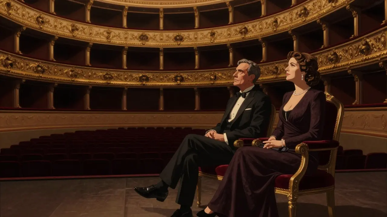 Two individuals sit in a gilded opera box in Milan, sharing a moment of quiet awe during a private performance.
