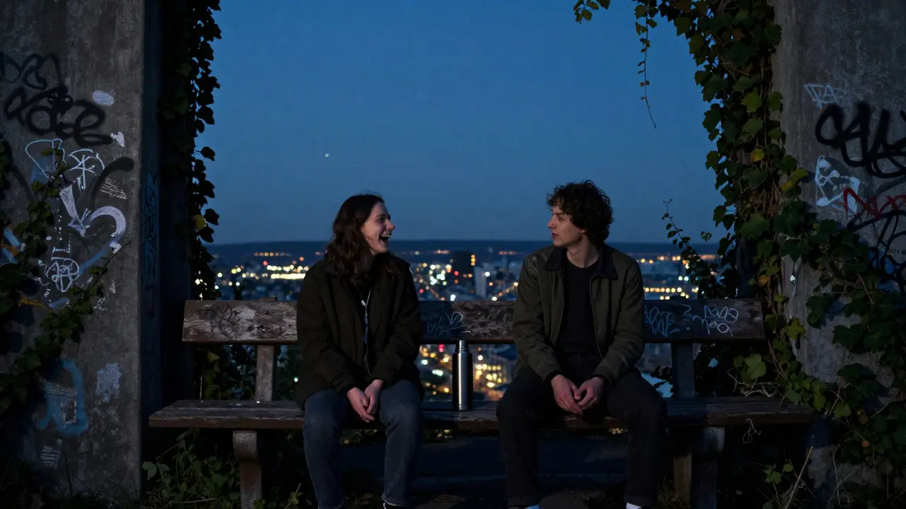 Two individuals sitting on a bench at Teufelsberg, overlooking Berlin's city lights at dusk, sharing tea in silent companionship.