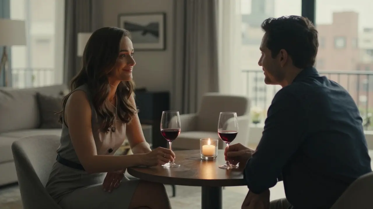 Two people sharing a calm, intimate conversation over wine in a luxury apartment.