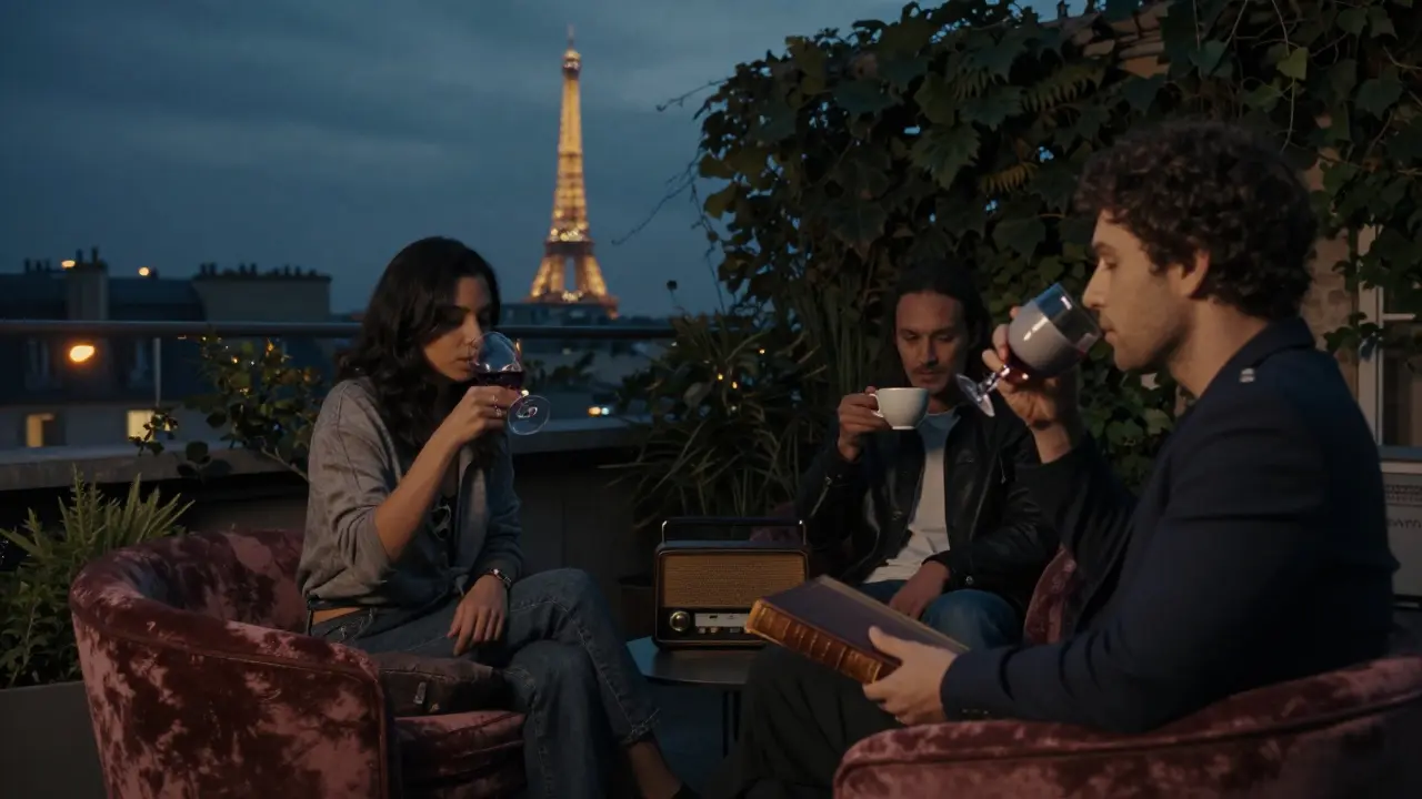 Two people sit quietly on a rooftop garden at dusk, sipping wine as the Eiffel Tower glows faintly in the distance.
