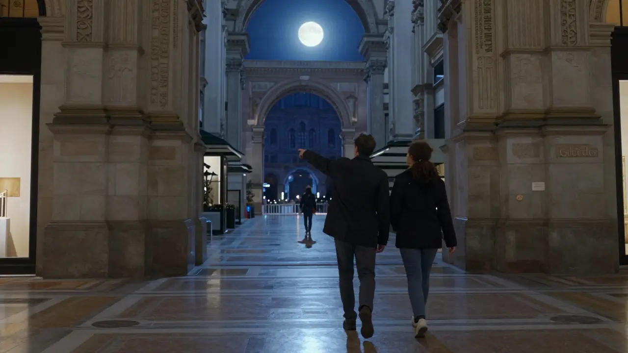 Two people walking under moonlight near Milan's Galleria, admiring hidden architectural details.
