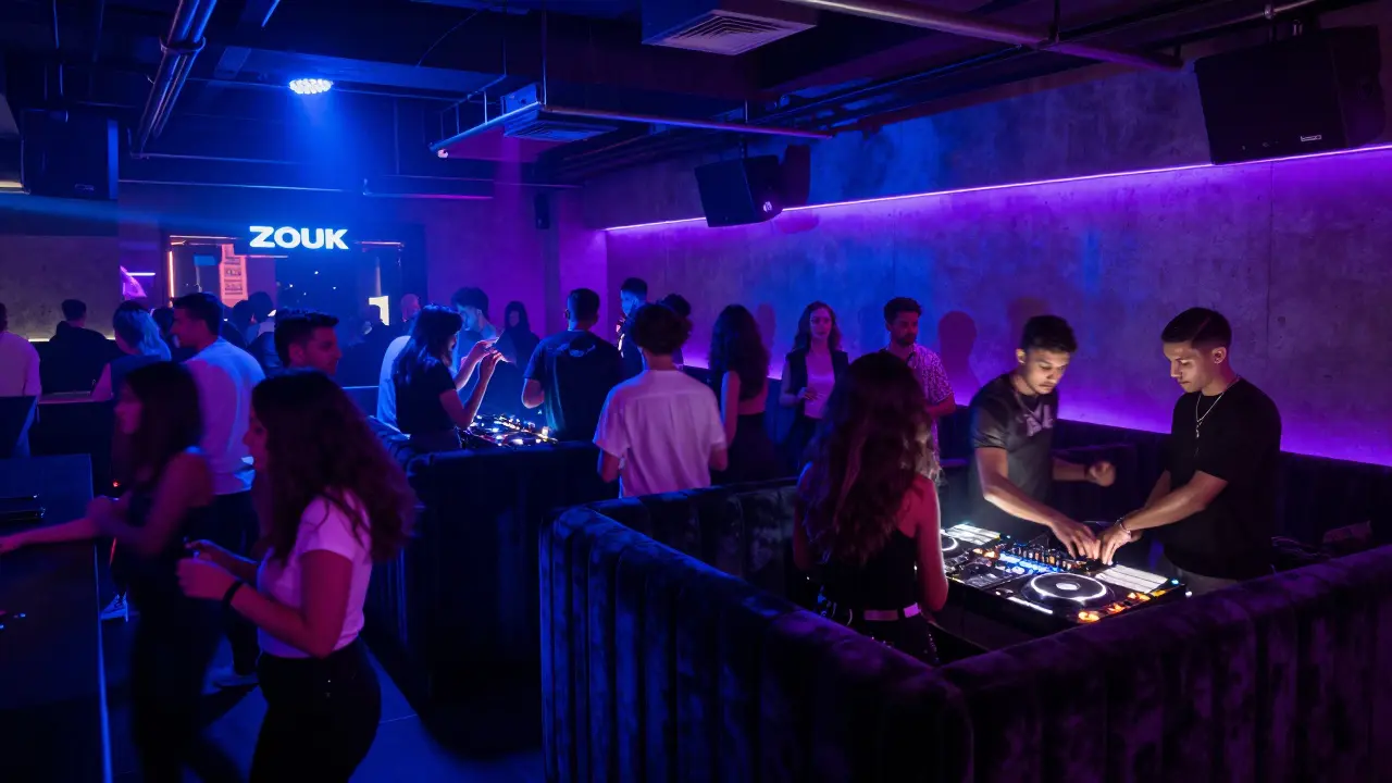 Underground club with neon lights and crowd dancing to a live DJ, vibrant energy and bass vibrations.