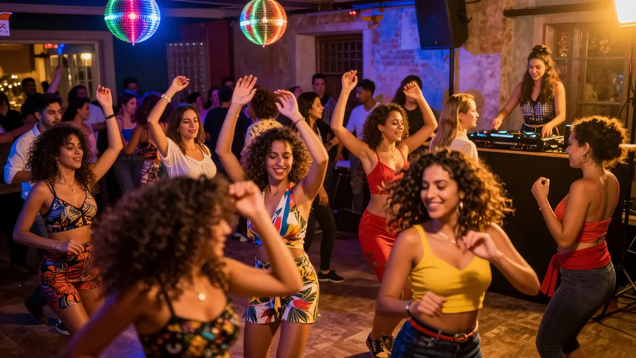 Women dancing salsa at a vibrant club with female DJ.