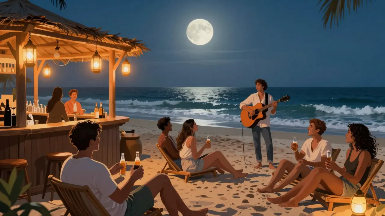 Young professionals relaxing on a beachfront bar in Dubai under moonlight, listening to live acoustic music.