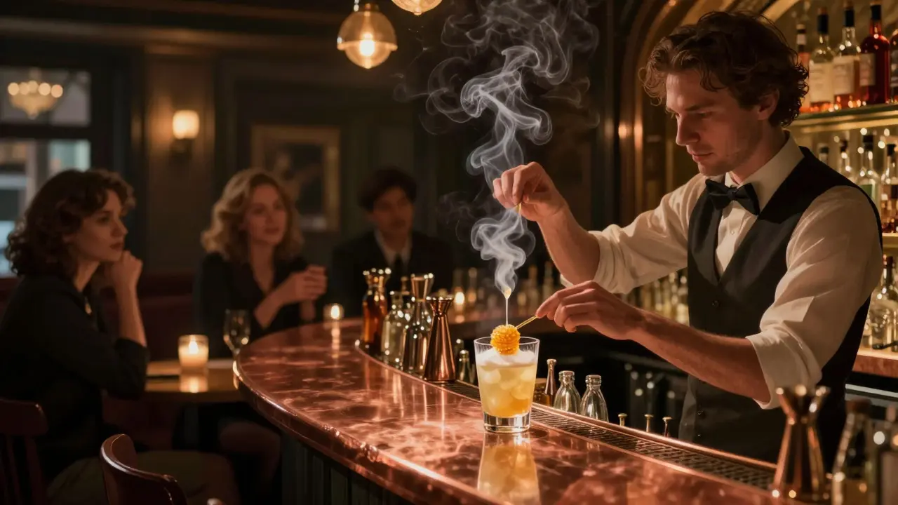 A bartender performing a theatrical cocktail ritual with smoke and honeycomb dissolving into gin.