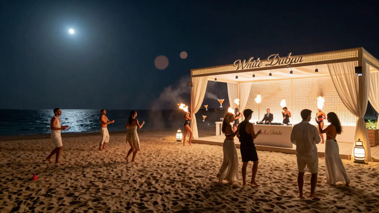 A beachside party under the moon with glowing LED names, fire dancers, and floating cocktails by the Persian Gulf.