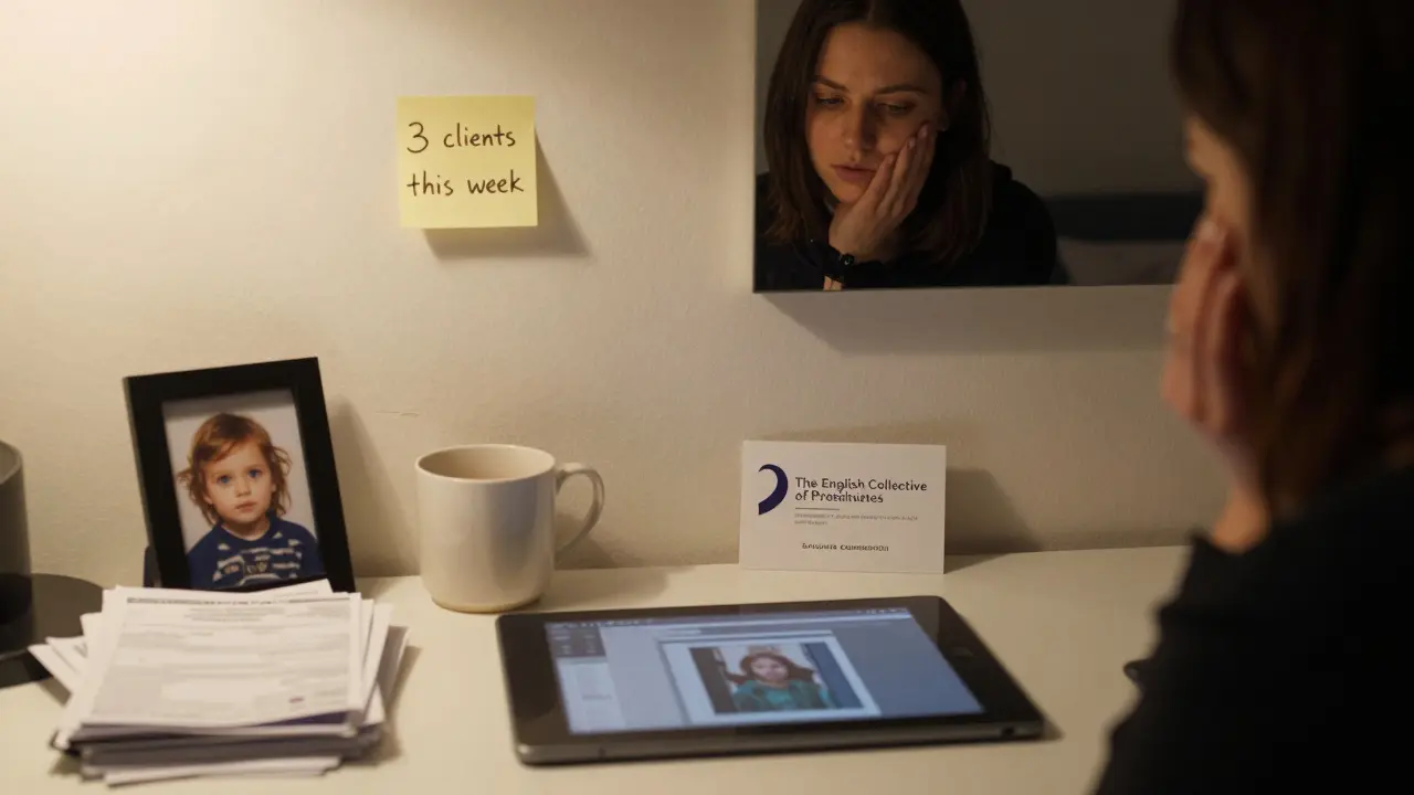 A cluttered bedroom in South London shows a freelance worker’s life: bills, a child’s photo, and a mental health resource card.