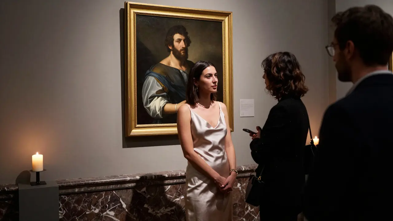 A companion and client converse thoughtfully before a Caravaggio painting in a dimly lit Brera art gallery.