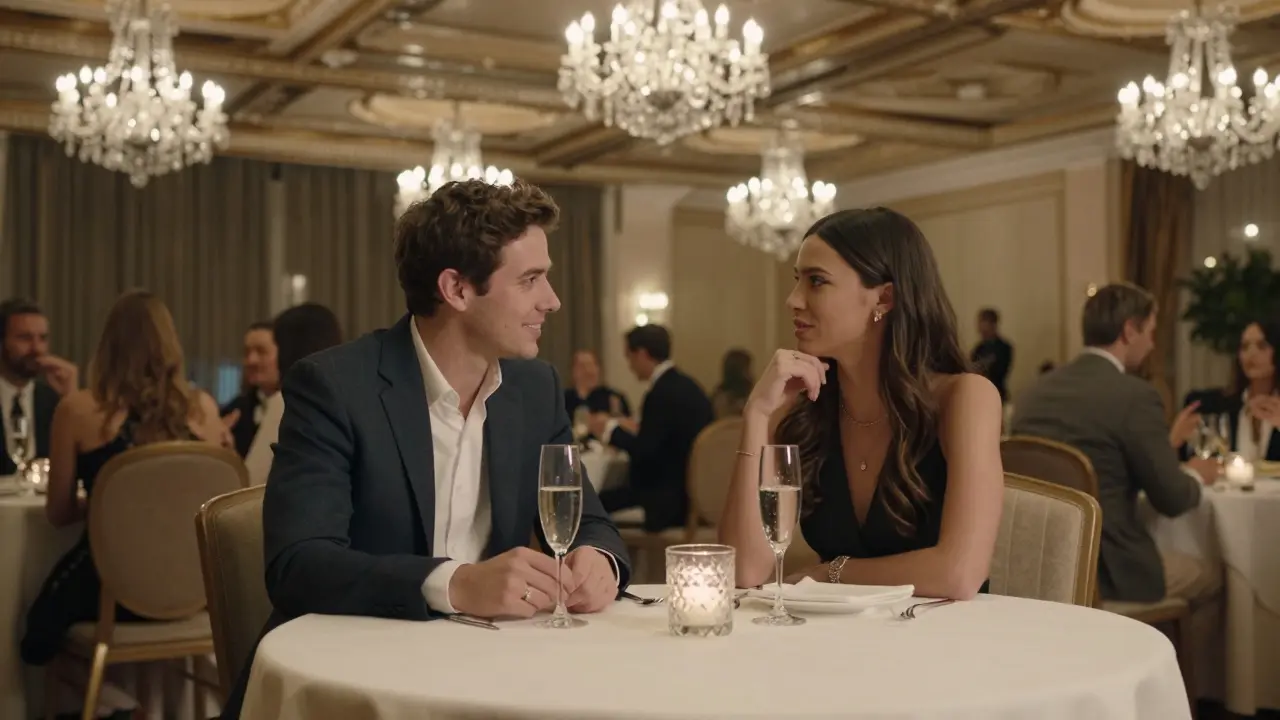 A couple in formal wear talking at a table in a luxury ballroom.