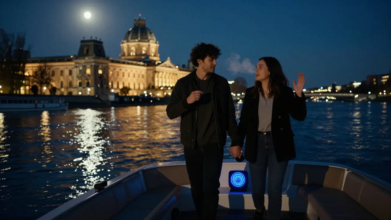 A couple on a private night boat drifting past Museum Island under moonlight.