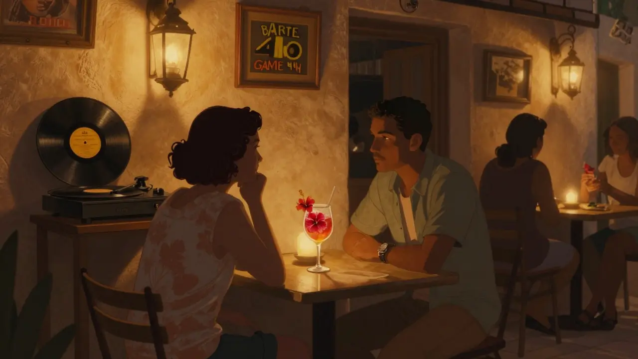 A couple shares a drink at a hidden courtyard bar lit by a single lantern, with vinyl records playing softly.