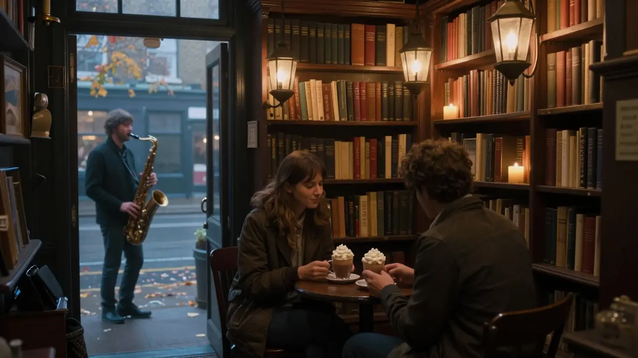 A couple sharing hot chocolate in a cozy alley lined with antique shops and lantern lights.
