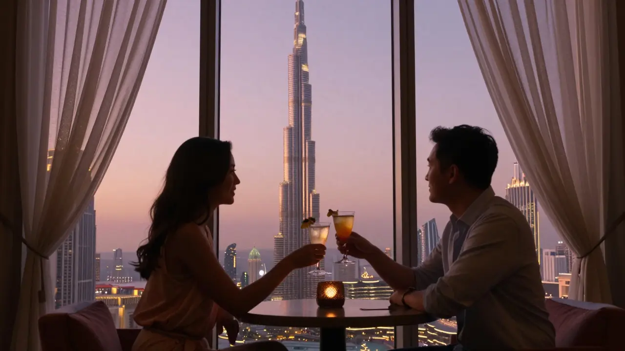 A couple toasting cocktails at a window table as the Burj Khalifa sparkles in the distance under soft evening light.