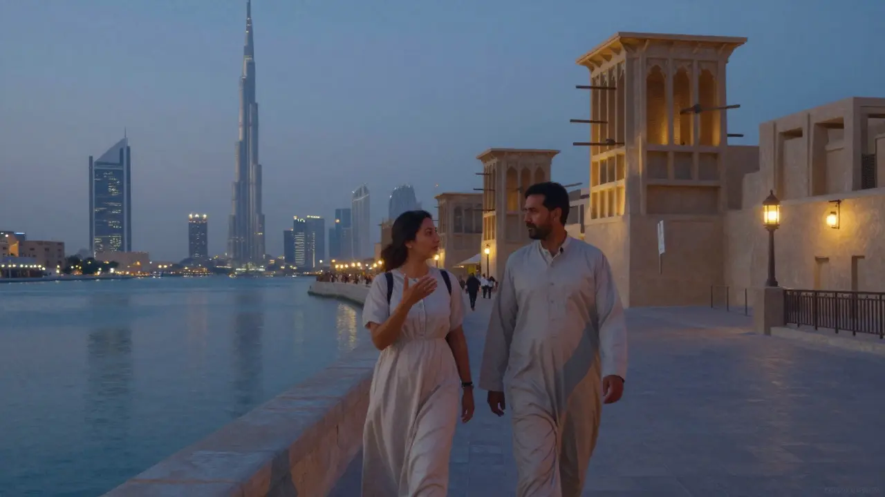 A couple walking along Dubai Creek at dusk, the Burj Khalifa glowing in the distance behind them.