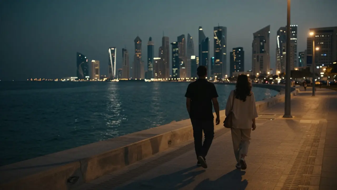 A couple walking peacefully along the empty Corniche at midnight, city lights reflecting on the water.