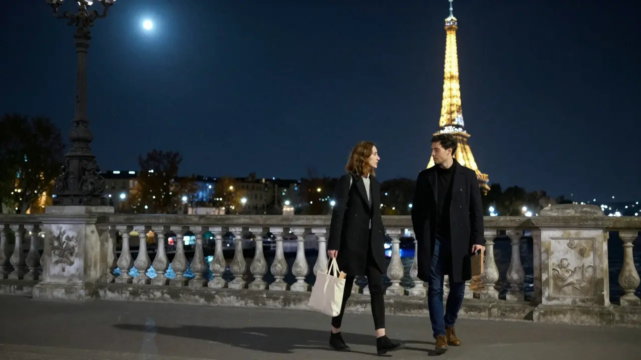 A couple walking peacefully along the Seine at night under the glow of the Eiffel Tower.