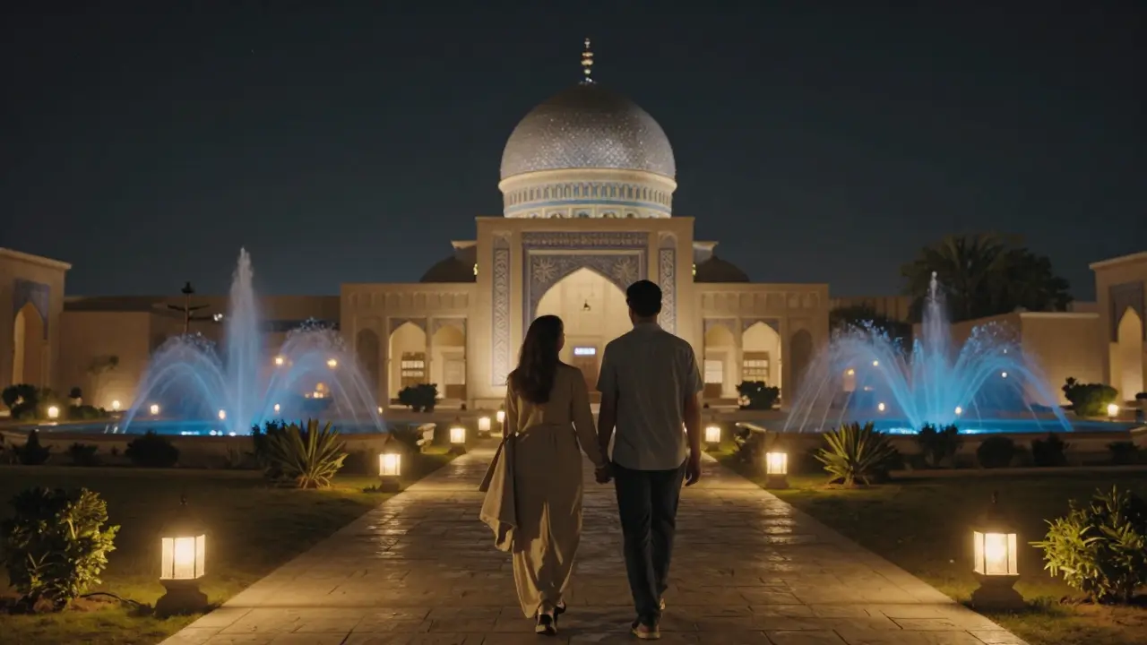 A couple walks peacefully through illuminated gardens of a palace at night, surrounded by soft glowing lights.