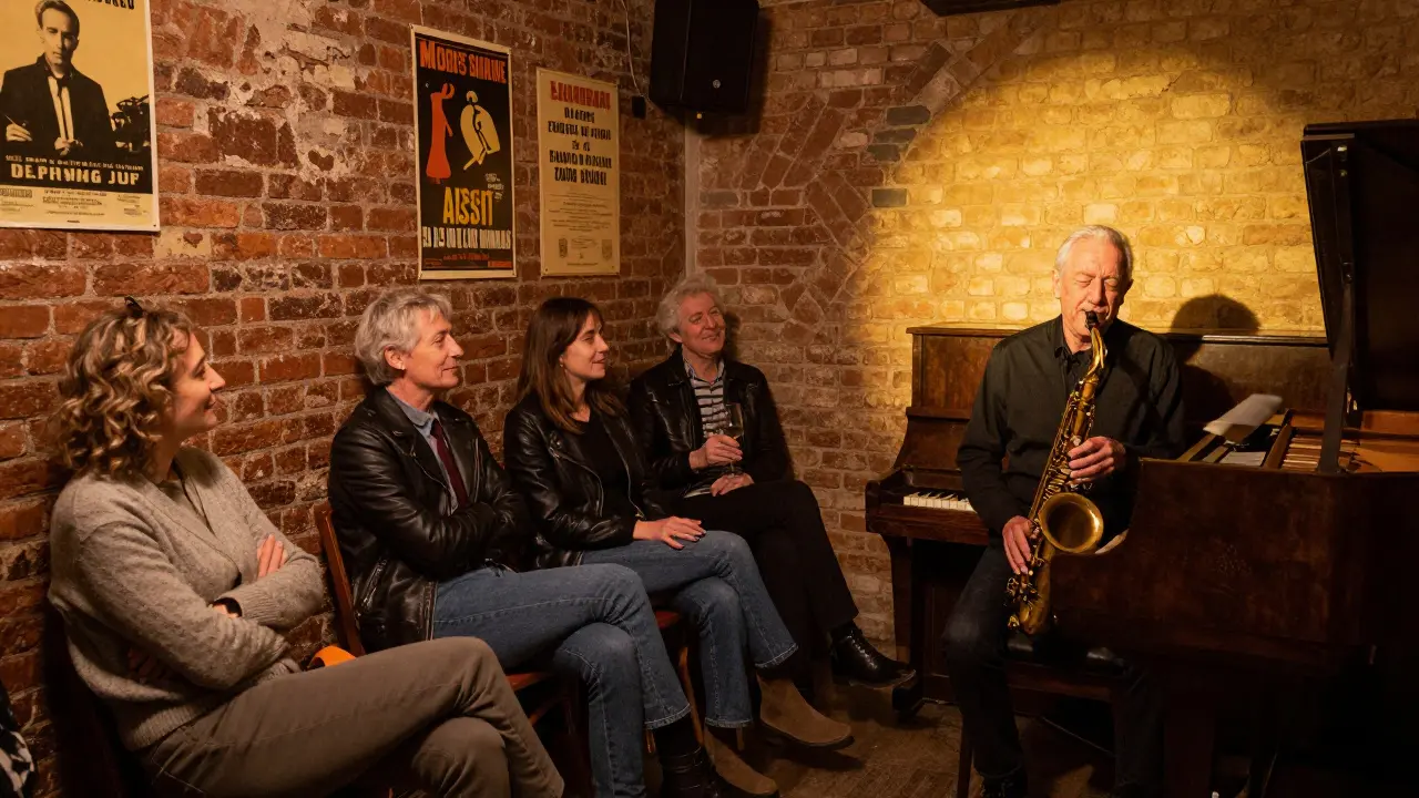 A cozy basement jazz club with a saxophonist playing, and an intimate crowd listening quietly.
