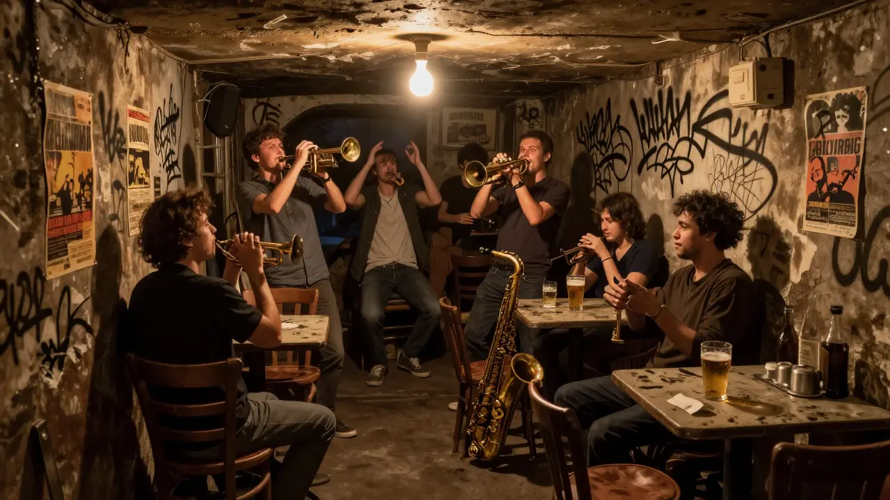 A crowded underground jazz cellar with musicians playing under a single hanging bulb, patrons swaying to live music.