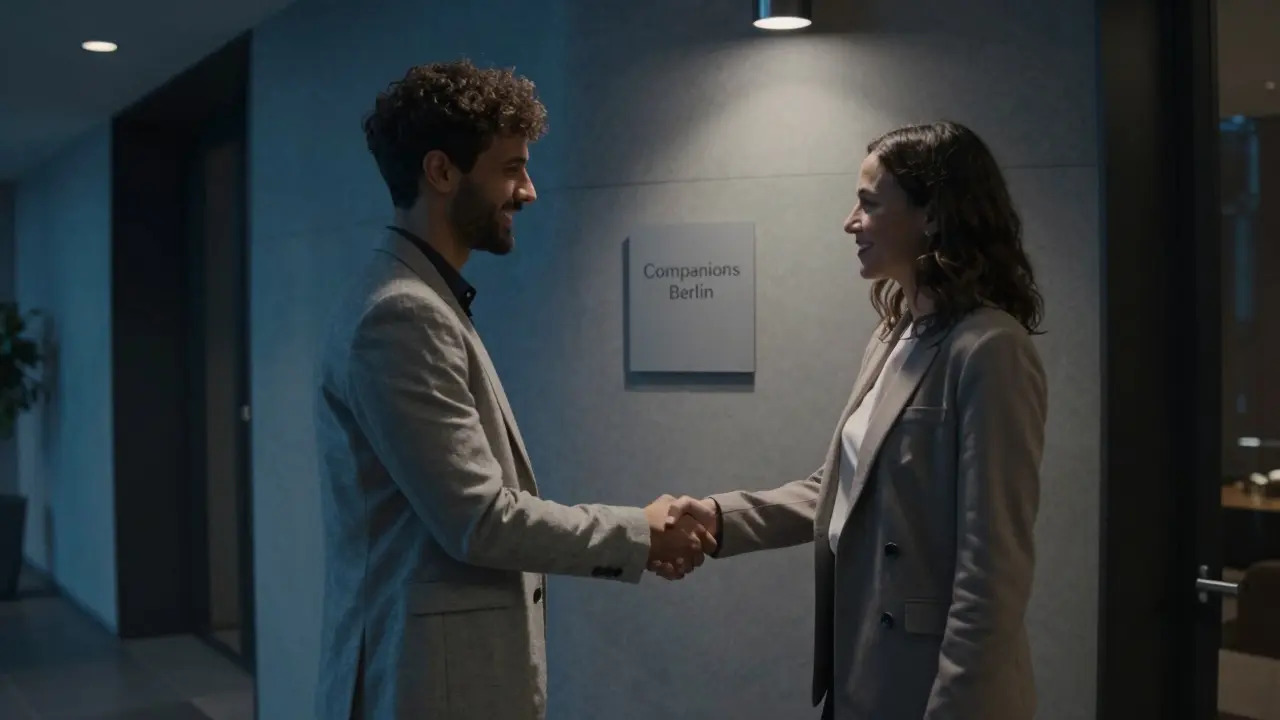 A discreet meeting in a Berlin hotel lobby between a traveler and a professional companion.