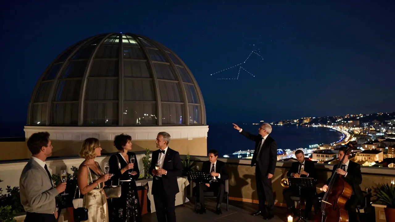 A glass-domed rooftop observatory under a starry sky with guests sipping champagne and viewing stars.
