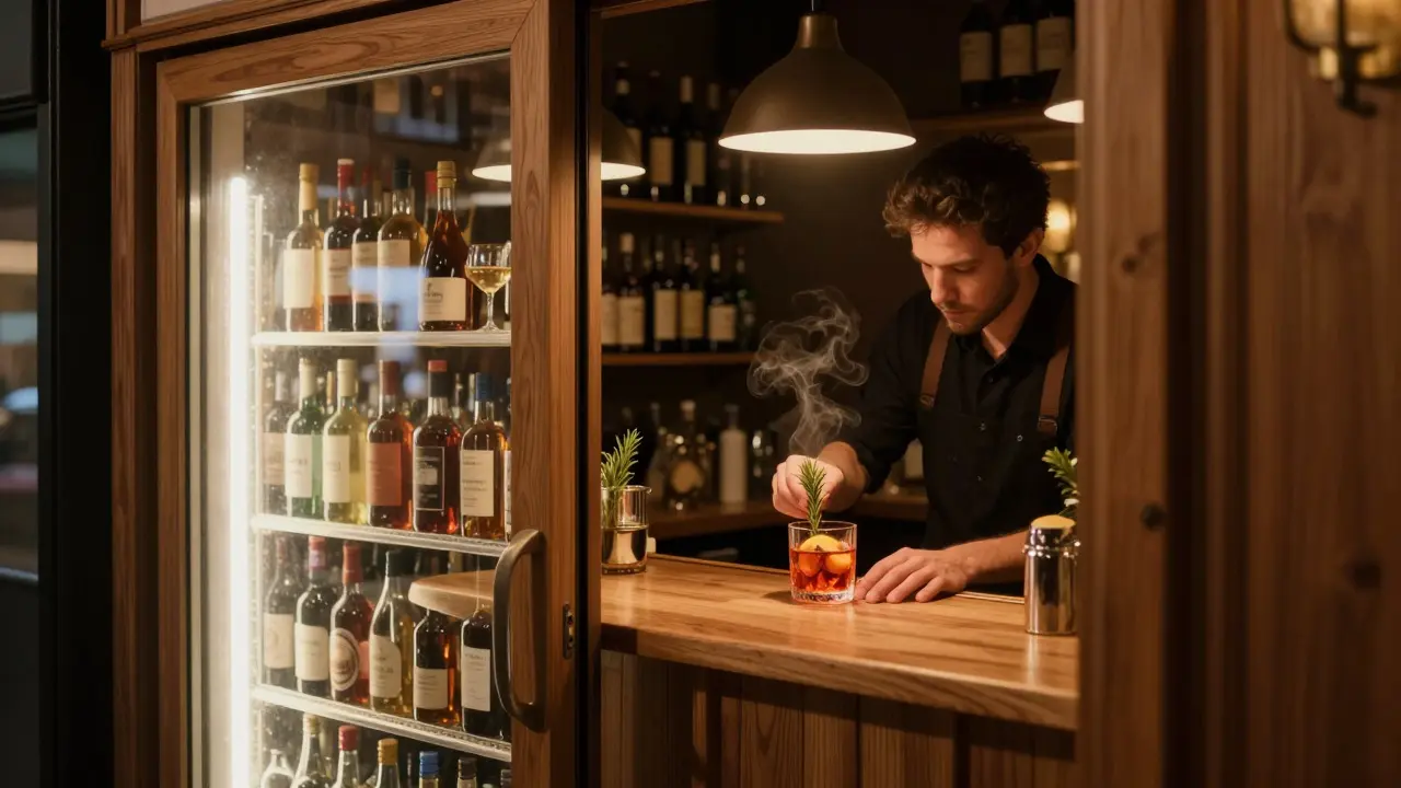 A hidden bar behind a fridge door, patrons sipping cocktails in warm, wooden interiors.