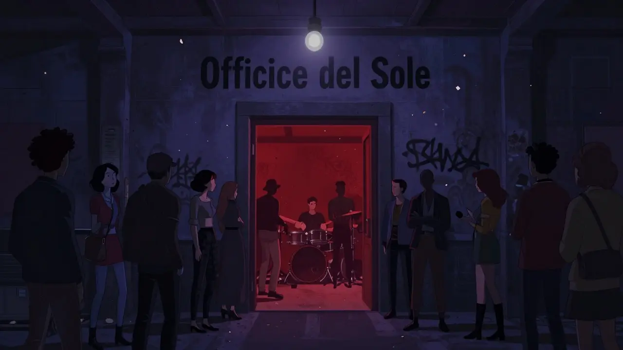 A hidden underground club with a red door, moody lighting, and a crowd waiting to enter.