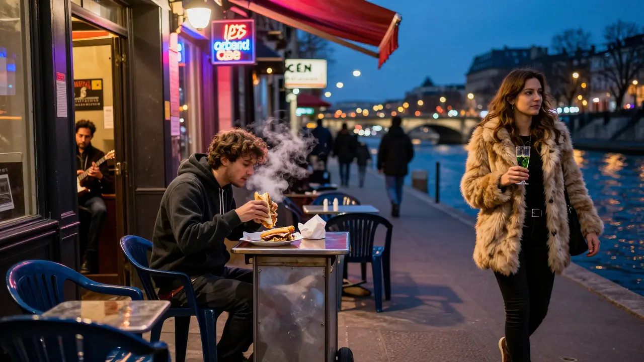 A local eating a kebab at 3 a.m. on a Paris street while others pass by, neon lights and the Seine in the distance.