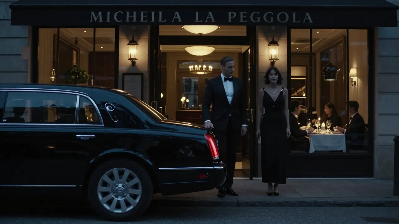 A luxury limousine arrives at La Pergola restaurant at dusk as an elegant couple enters, blending into the refined dining ambiance.