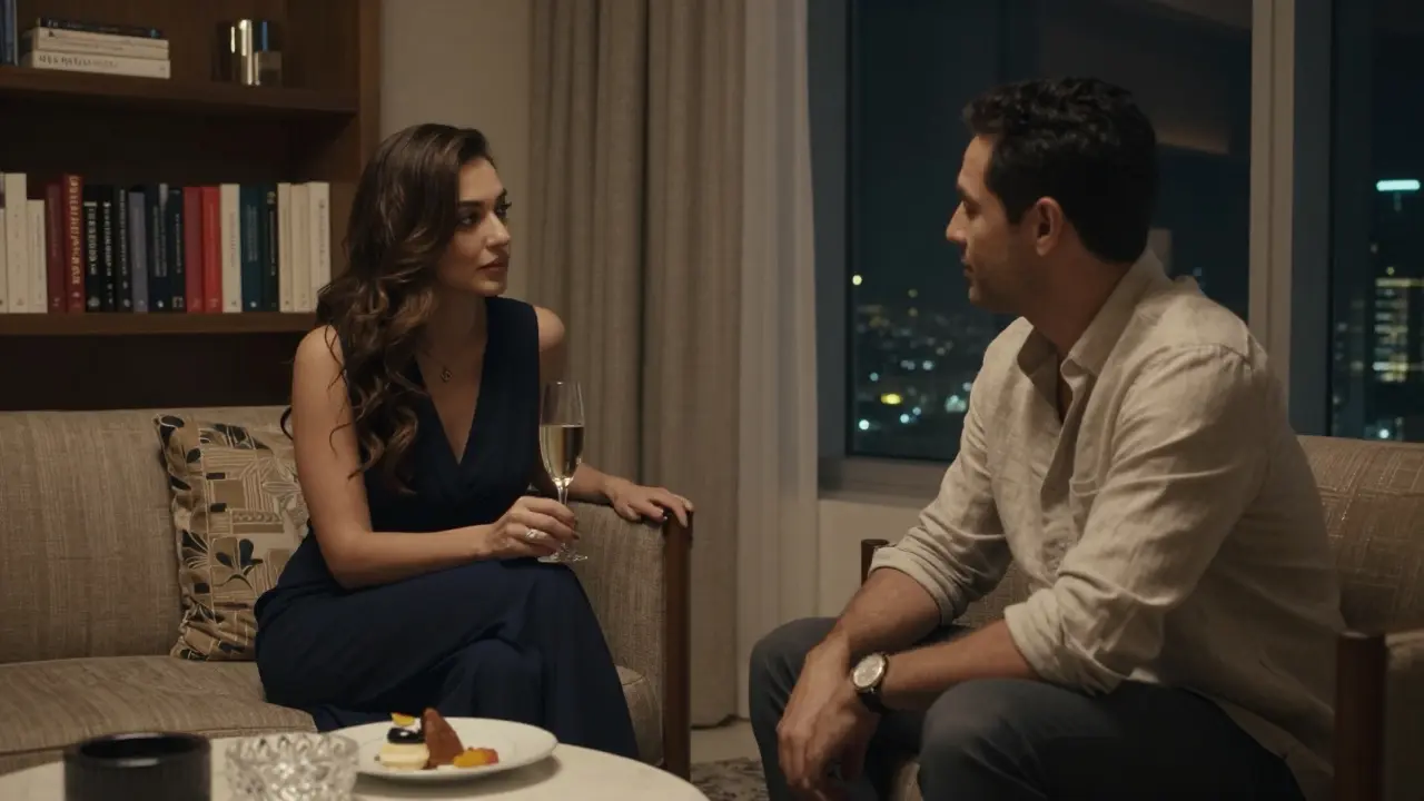 A man and woman in a luxury hotel suite engaged in quiet, respectful conversation over champagne.