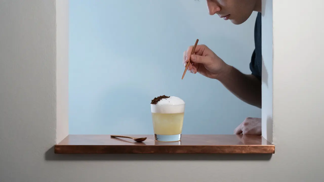 A minimalist hidden bar where a guest sips a sensory cocktail served with edible soil under soft blue ambient light.