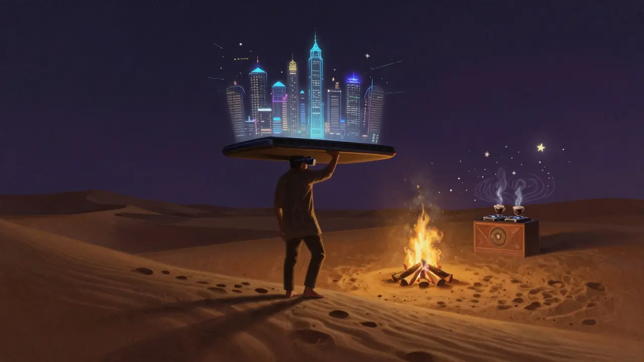 A person at a desert night event with virtual reality skyline and campfire under starlit sky.