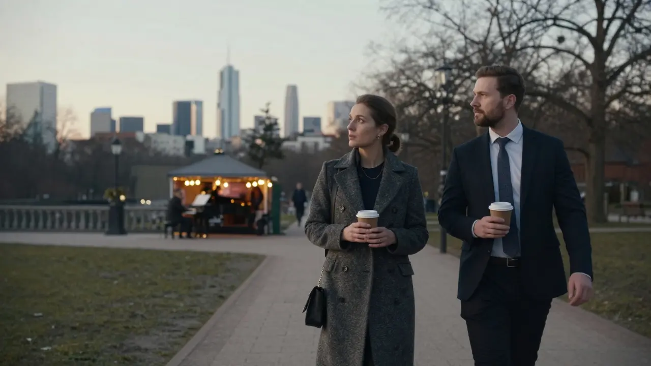 A professional companion and traveler walking through Tiergarten at dusk, enjoying the city skyline.