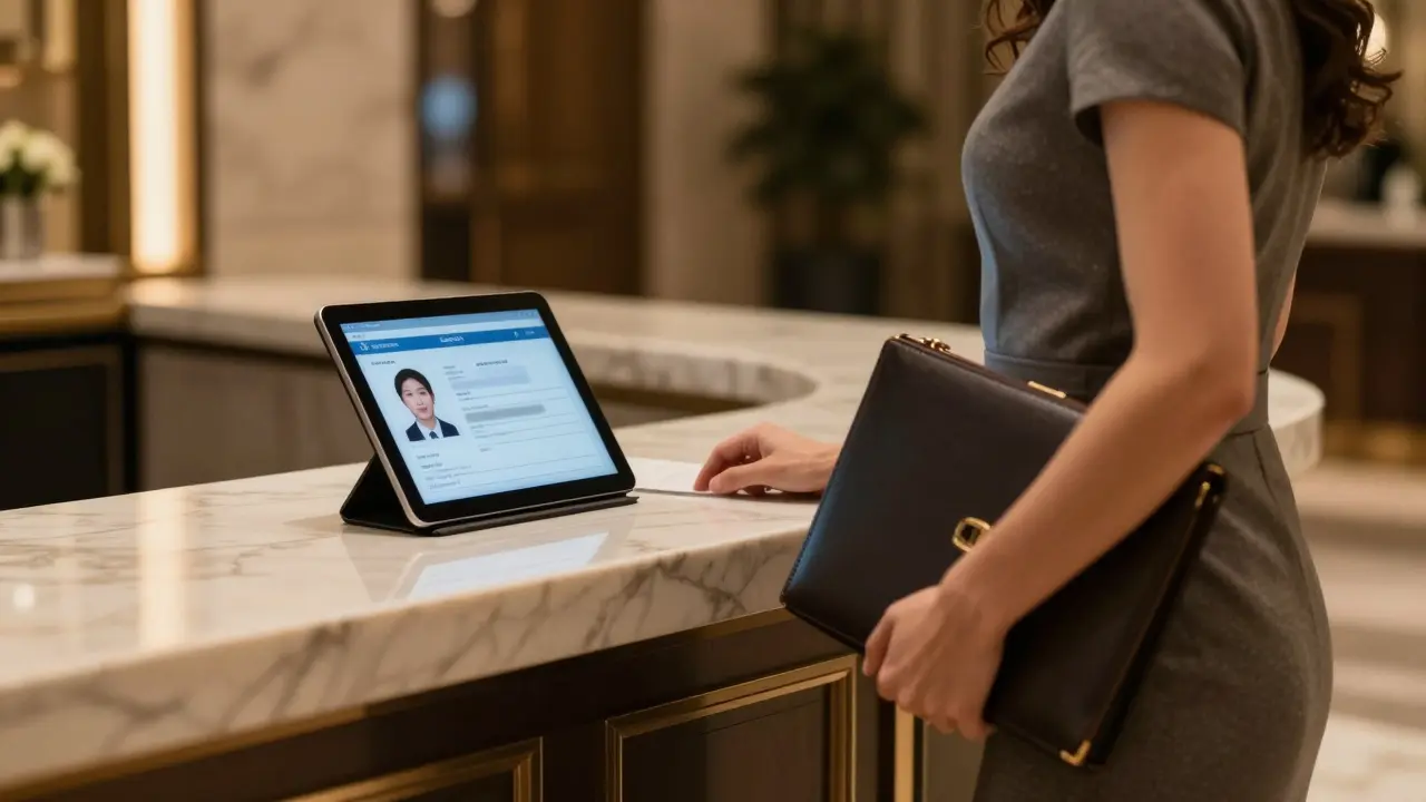 A professional companion in a tailored dress at a hotel check-in counter with a verified profile on a tablet.