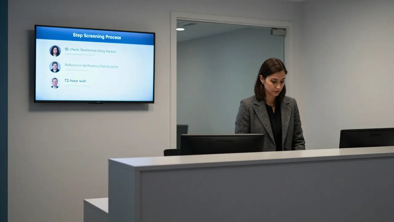 A professional escort agency office in Mayfair with a digital screen displaying verification steps and a calm woman preparing for a booking.