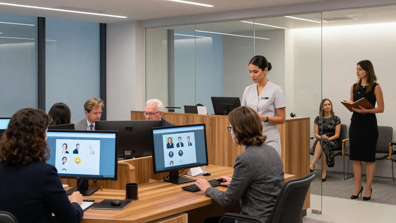 A professional London escort agency lounge with clients and staff, featuring modern decor and discreet service settings.