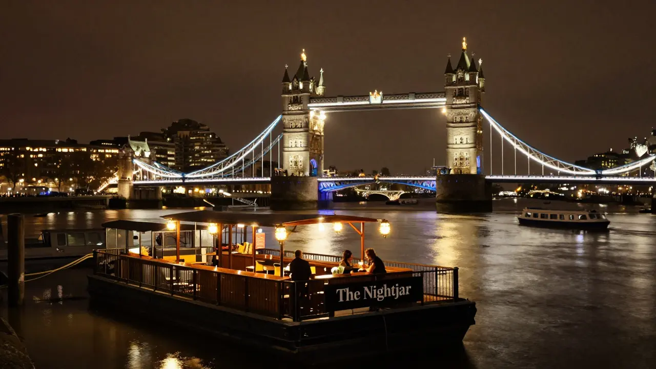 A quiet floating bar on the Thames at night with Tower Bridge glowing in the distance.