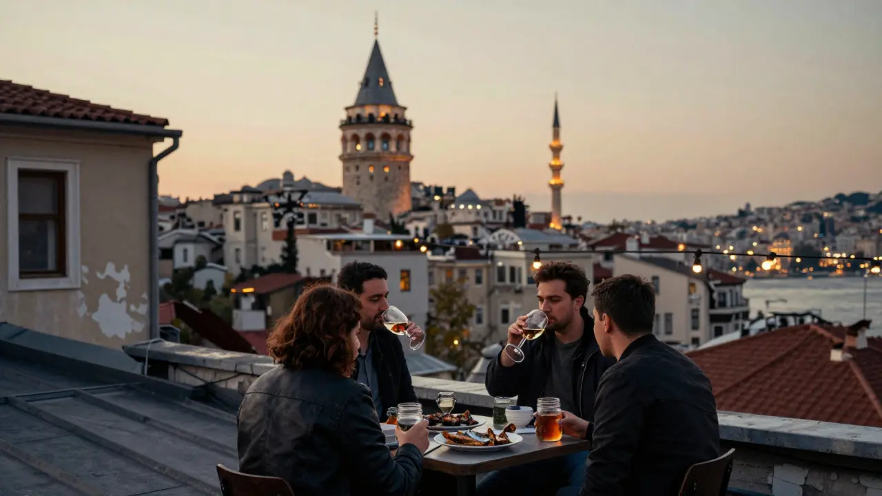 A quiet rooftop bar at dusk with locals enjoying wine and grilled fish, overlooking Istanbul's historic skyline.