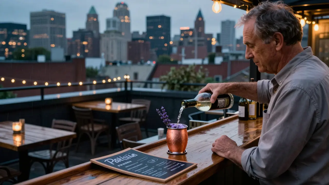 A rooftop bar in Belleville at dawn with string lights, a city skyline in the rain, and a bartender pouring wine into a plain glass.