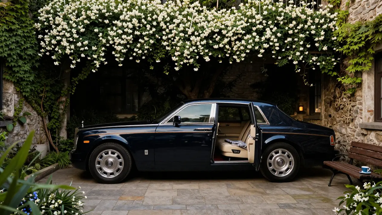A secluded hotel courtyard at dawn with a Rolls-Royce waiting, untouched espresso cups, and blooming jasmine in the quiet air.