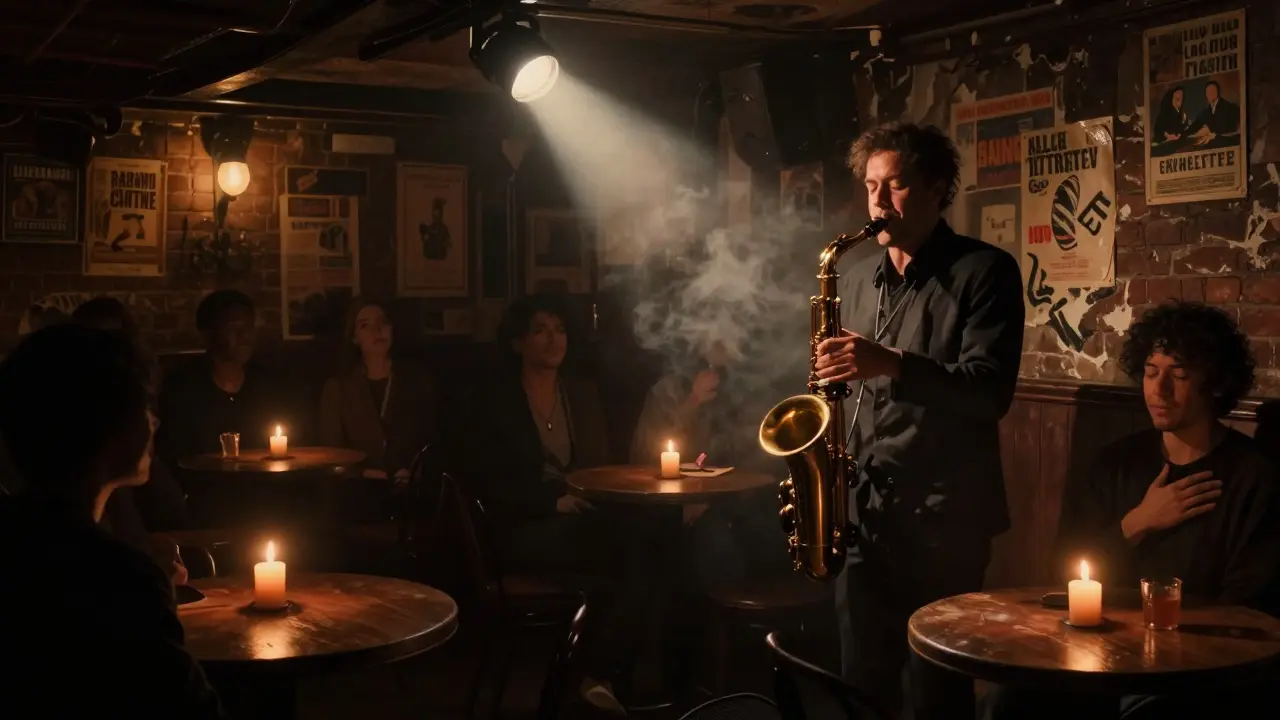 A smoky jazz basement in Montmartre with a saxophonist playing under a spotlight, patrons swaying silently to the music in dim candlelight.