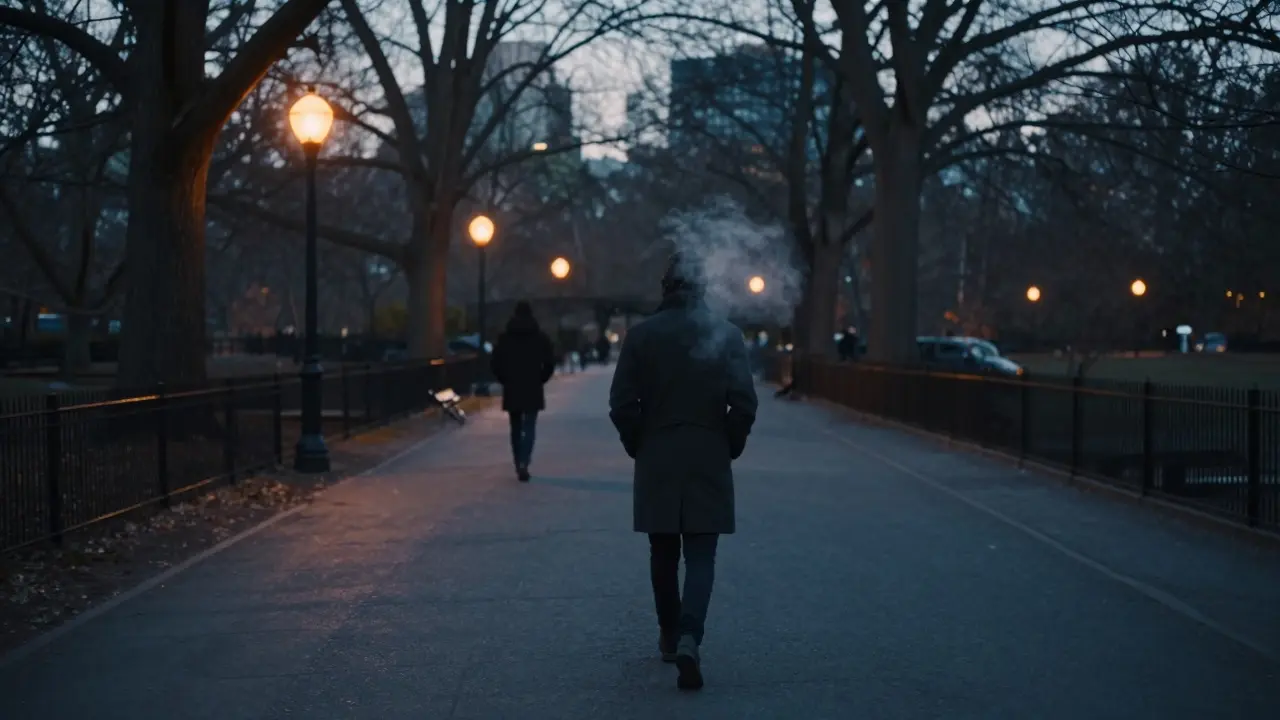A solitary person walking through Hyde Park at twilight, silhouette of another figure in the distance, evoking quiet connection.