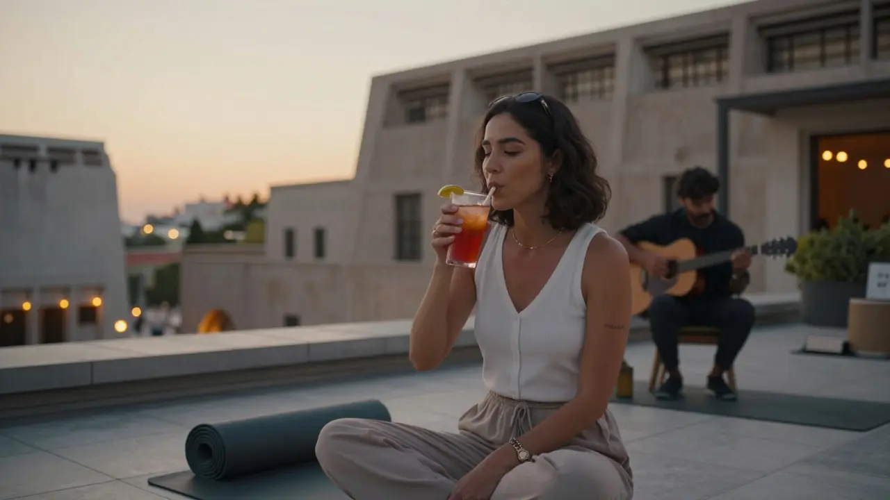 A solo woman relaxing on a rooftop after yoga, sipping a drink as the city lights twinkle in the twilight.