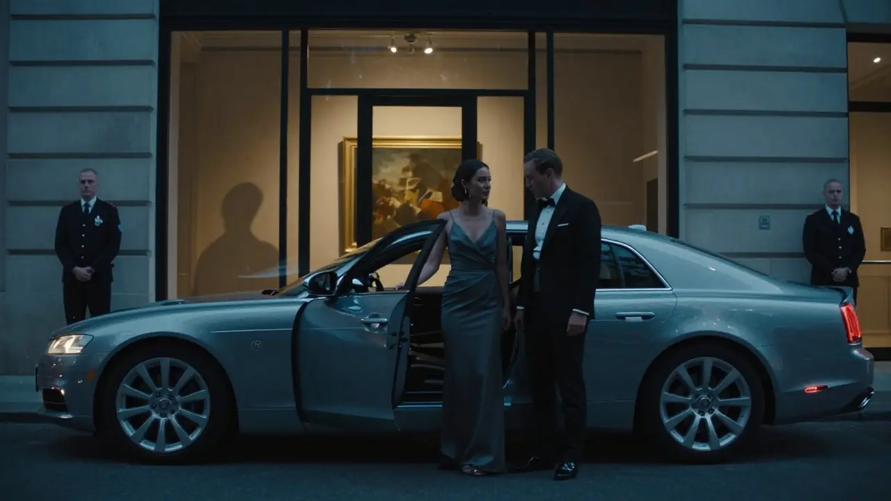 A sophisticated couple exiting a private art gallery after hours, bathed in night-time London glow.